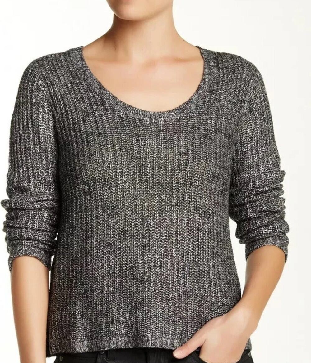 EILEEN FISHER Sz M Silver Gray Tight Knit Linen Blend Boxy Sweater Daily Luxury